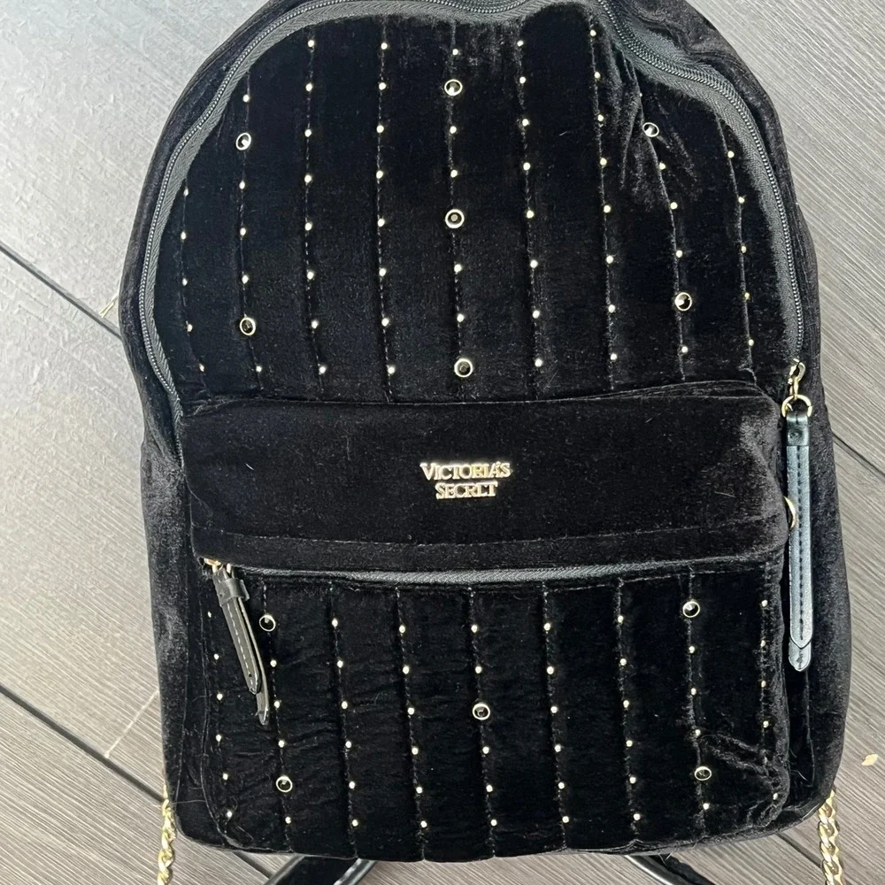 Victoria's Secret Women's Velvet Studded Backpack Black Gold Mini Chic Y2K